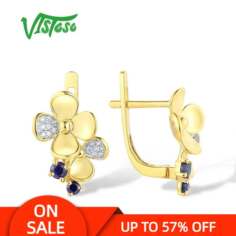 

VISTOSO 14K 585 Yellow Gold Clip Earrings For Women Sparkling Diamond Blue Sapphire Flower Wedding Gifts Delicate Fine Jewelry