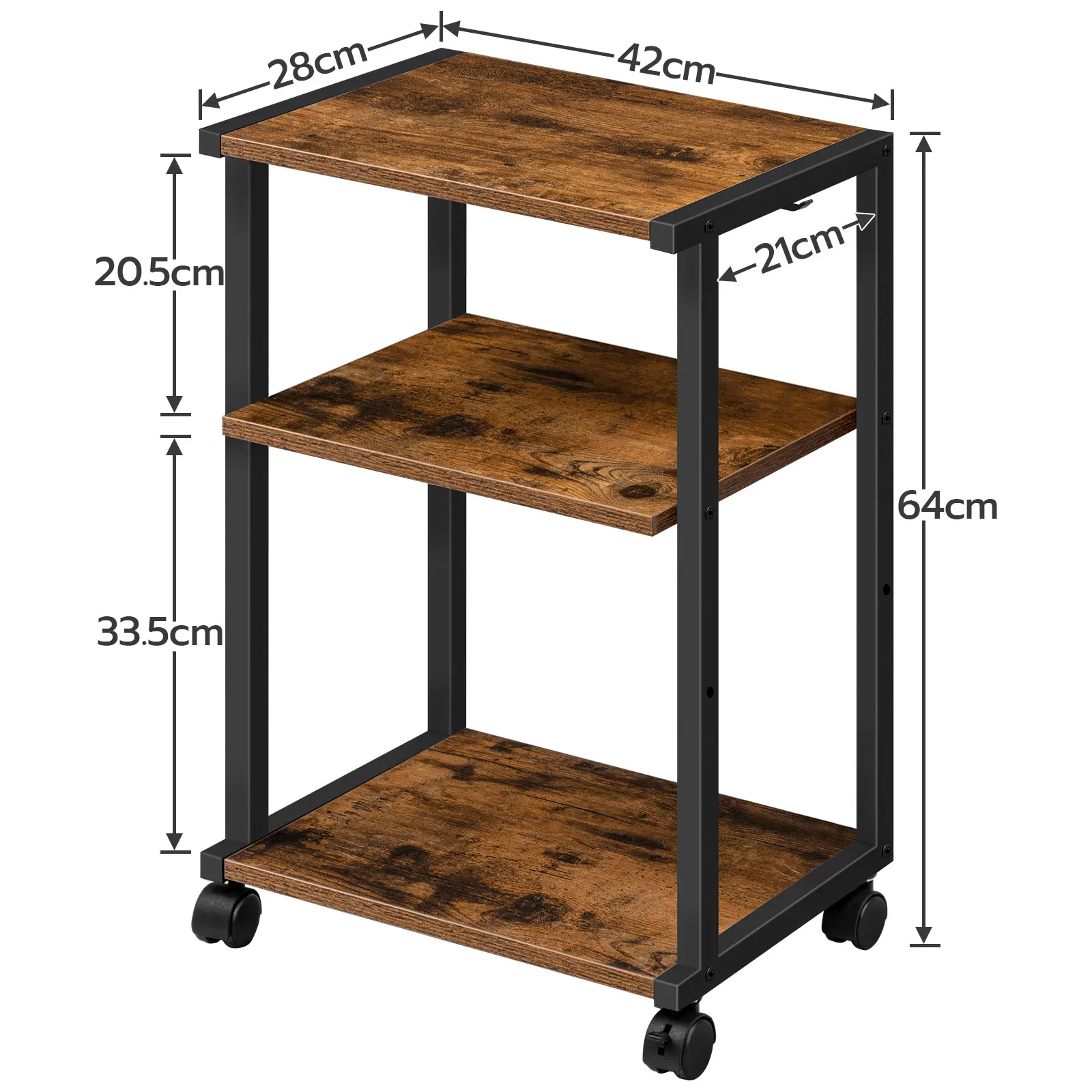 Hoebro-Mesa de impresora de 3 niveles, carrito con ruedas, soporte de impresora ajustable en altura, con 3 estantes y 2 ganchos para el hogar y la