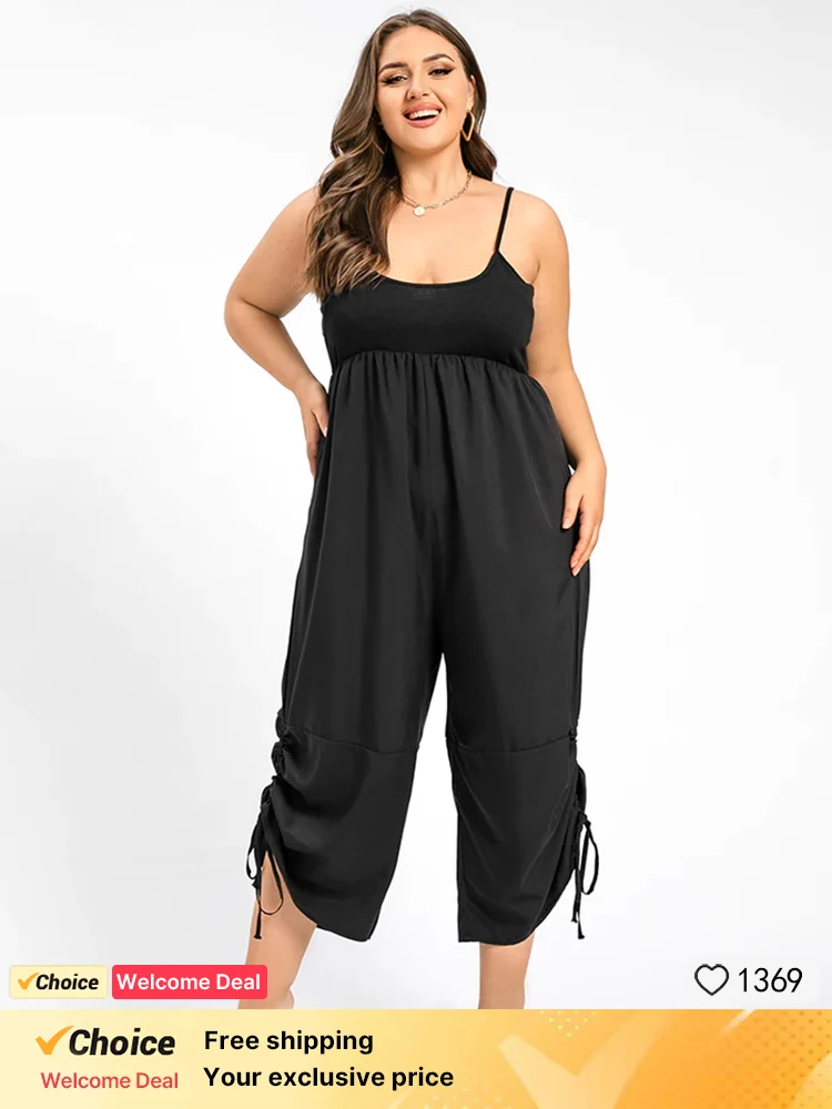 

Plus Sized Clothing Black Women Spring Summer Fashion Ruched Square Neck Drawstring Hem Sleeveless Casual Cami Jumpsuit