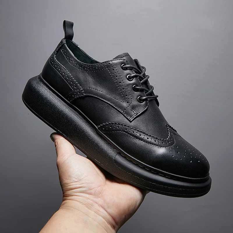 

New Fashion Thick Sole Leather Shoes Men's Genuine Leather Dress Derby Lace Up Height Increasing Sneakers Male Casual Shoes