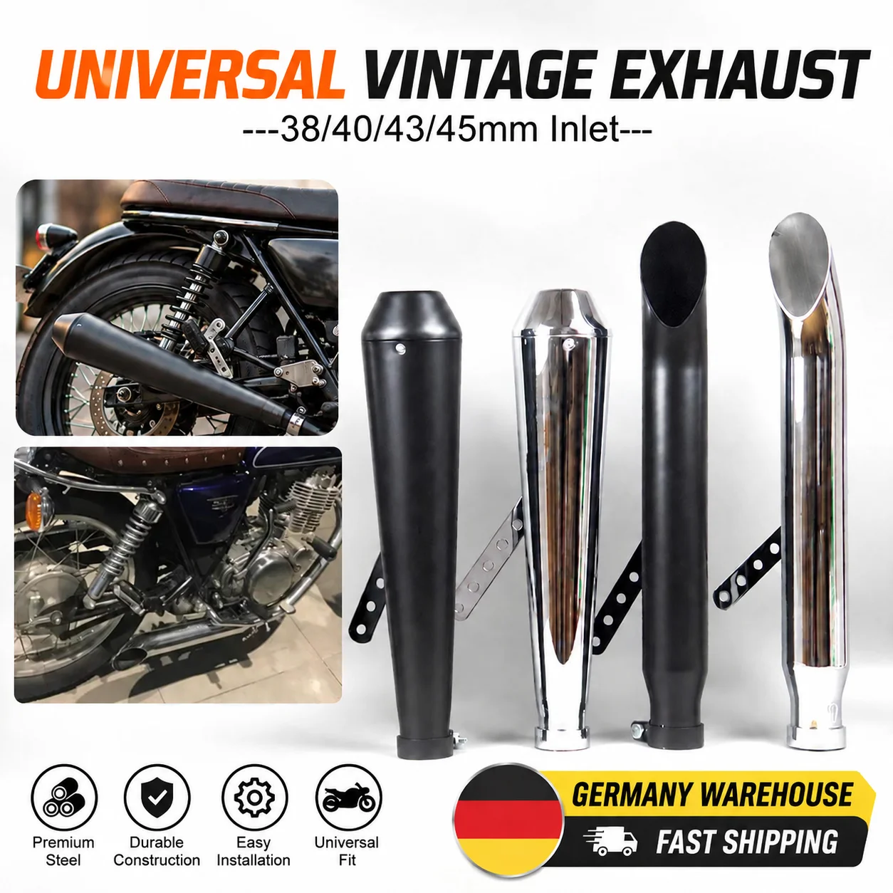 Image of 38mm-45mm Universal Motorrad-Auspufftopf Retro Vintage Classic Galvanisierter Auspuff für Cafe Racer CG125 SR400 CB500 VT500 CM300 CM500 Bobber Chopper