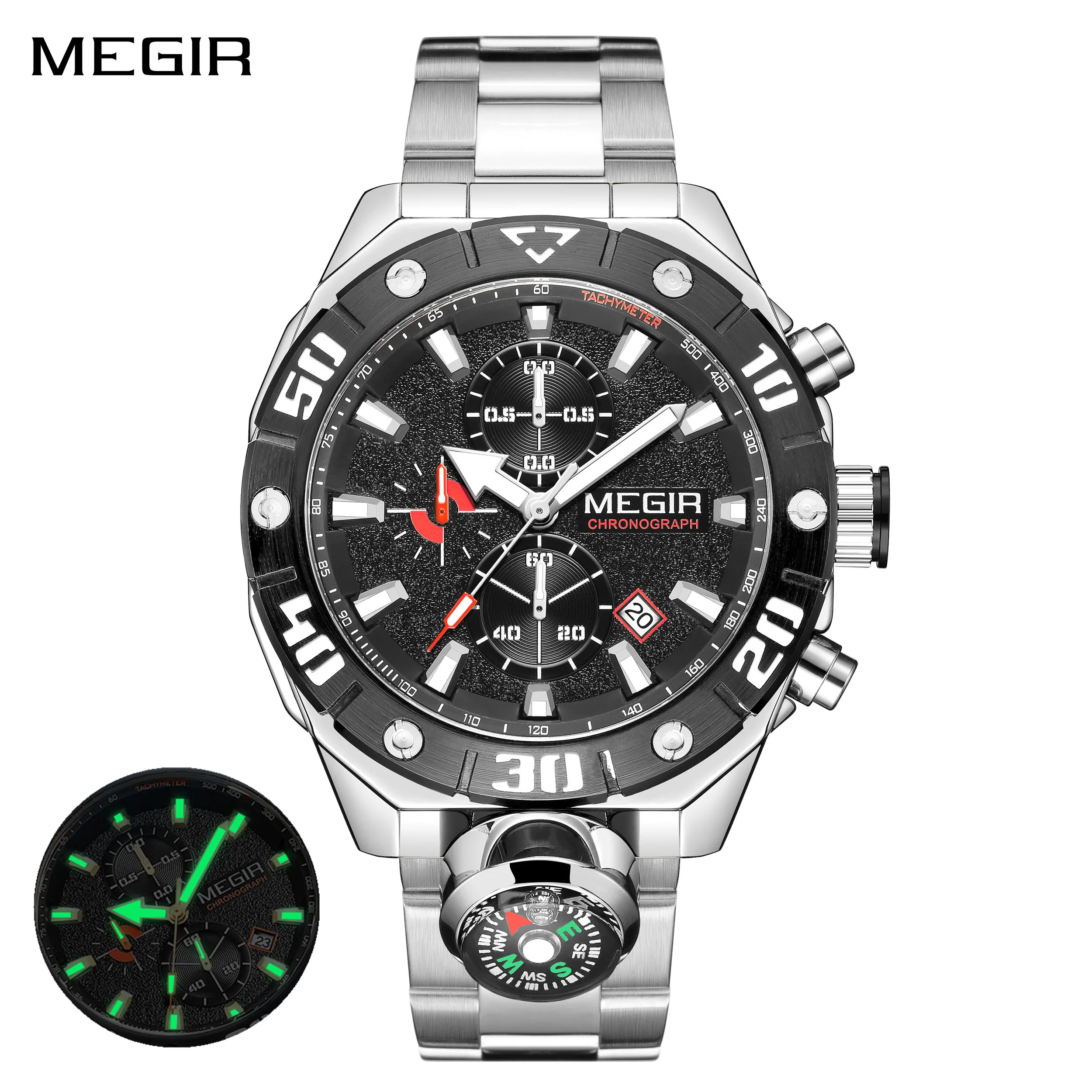 MEGIR Men's Watches Luxury Multi-functional Quartz Waterproof Calendar Stainless Steel Business Leisure Wristwatch Chronograph
