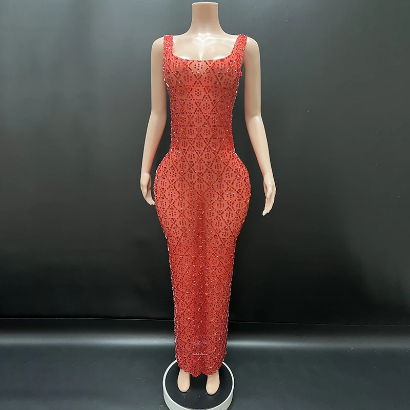 مثير المرحلة الأزرق الراين الأحمر فستان شبكي شفاف عيد ميلاد احتفال مساء زي الرقص أداء التقطت الصور