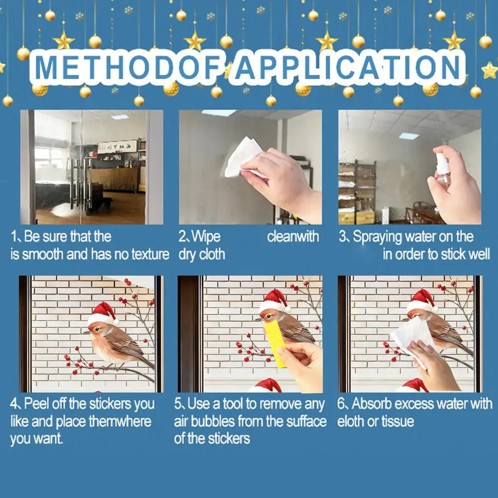 สติกเกอร์ตกแต่งกระจกประตูร้านค้าลายนกกระจอกสวมหมวกคริสต์มาสสีแดง สร้างบรรยากาศเทศกาลวันหยุด