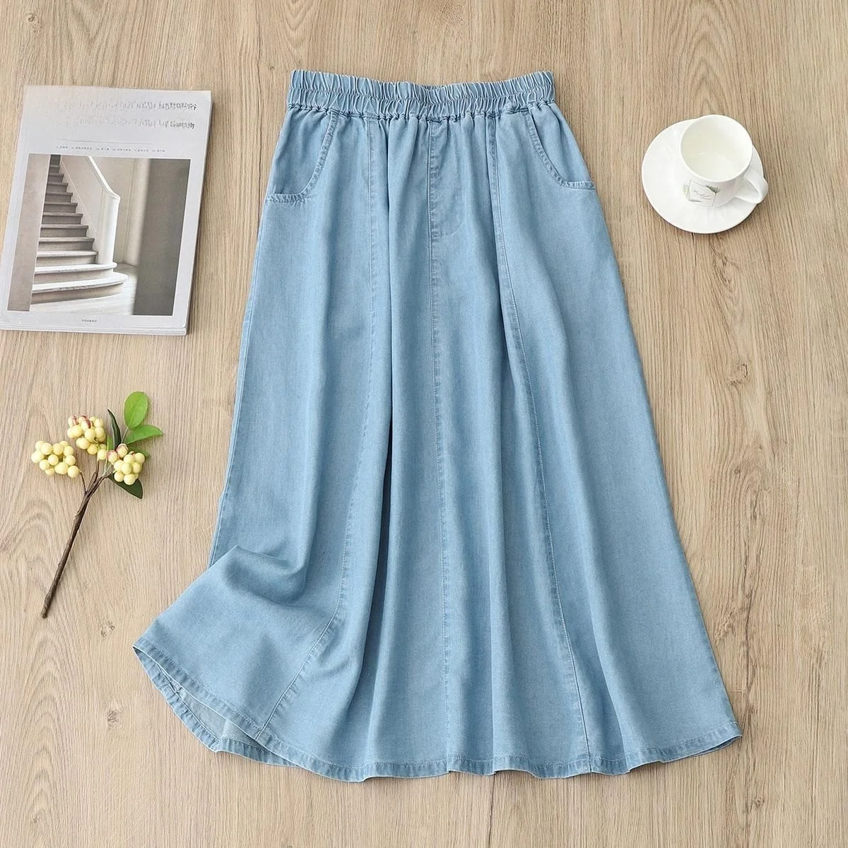 

plus Size Women's Summer New Sle Thin Denim Skirt High Waist Loose Slimming A-Line Skirt Korean Version Elastic Waist Skirt