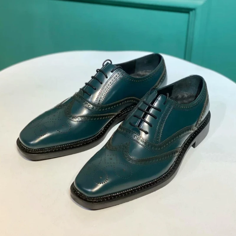 British Men Brogue Oxford Shoes Square Toe Perforated Detailing Genuine Leather Wedding Office Formal Business Dress Footwear