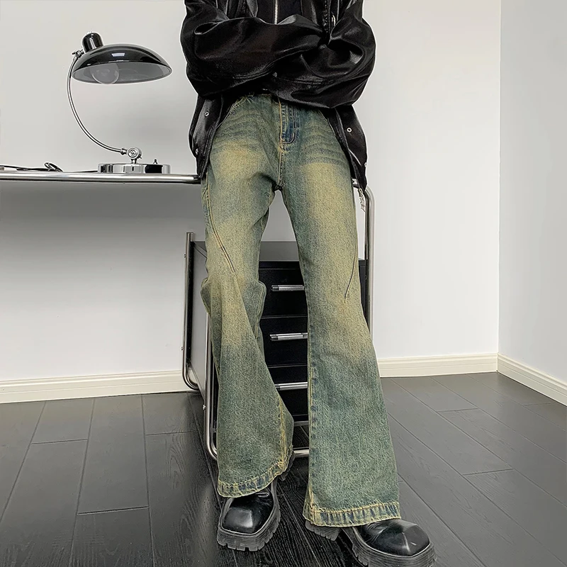 

Retro Waed American High Street Men's Wide Leg Jeans Bell Bot Straight Cut Denim Pants Youth Trendy Spring Autumn