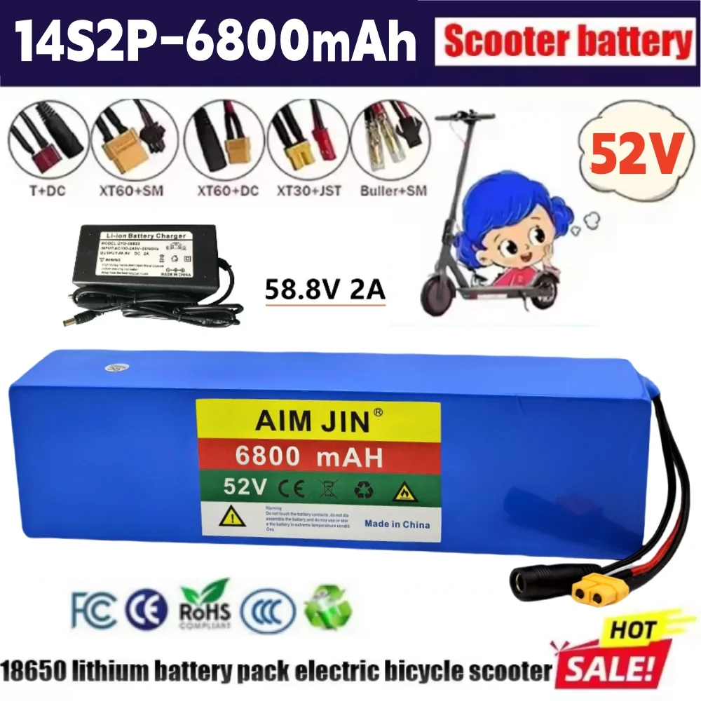 

New 14S2P 52V 7000mAH Lithium Ion Battery Pack 1500W High Power for Bicycle Scooter Motorcycle Built in BMS 58.8V2A Charger