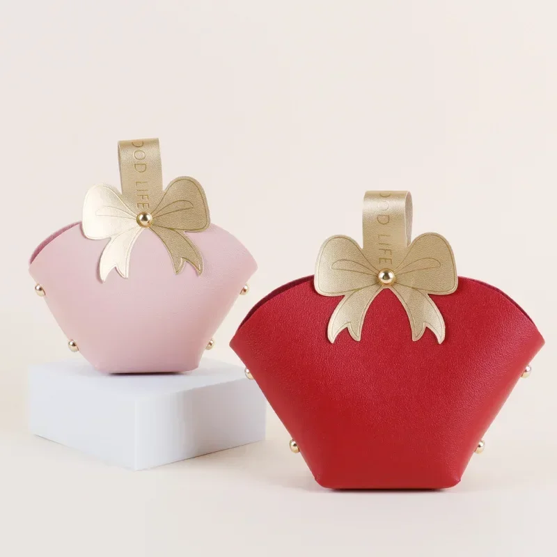 1PCS Leather Pink Gift Bags Red Bow Packaging Bucket Wedding Favour Birthady Bag with Handle for Guest Mini Handbag Candy Box