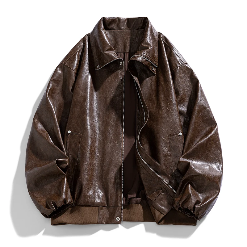 

2026 Spring Men's Leather Jackets Loose Turn Down Collar Faux Leather Outerwear Coats Men Solid Color Windproof Casual Jacket