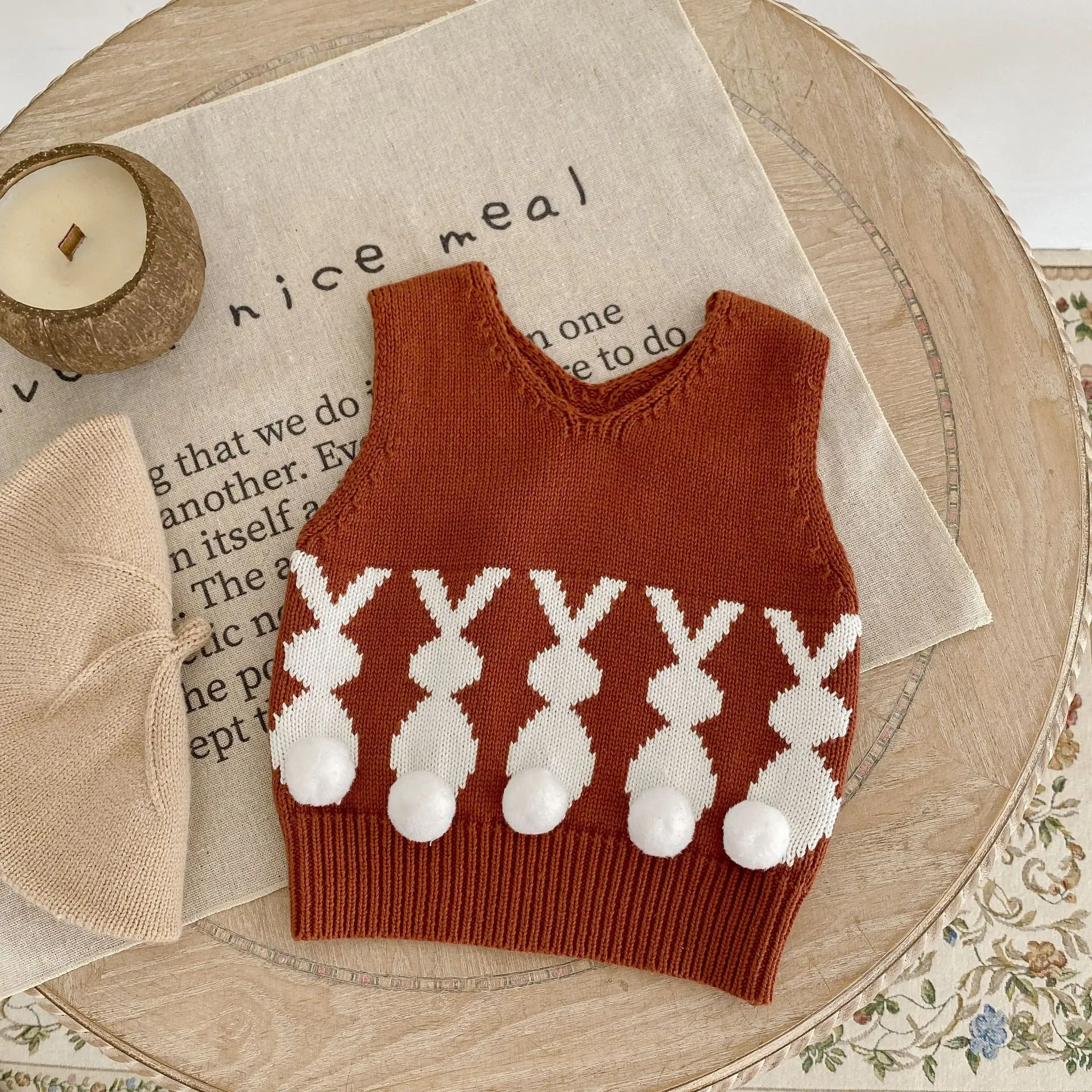 2022 autumn infant clothing cute rabbit baby jacquard V-neck Pullover knitted vest sweater