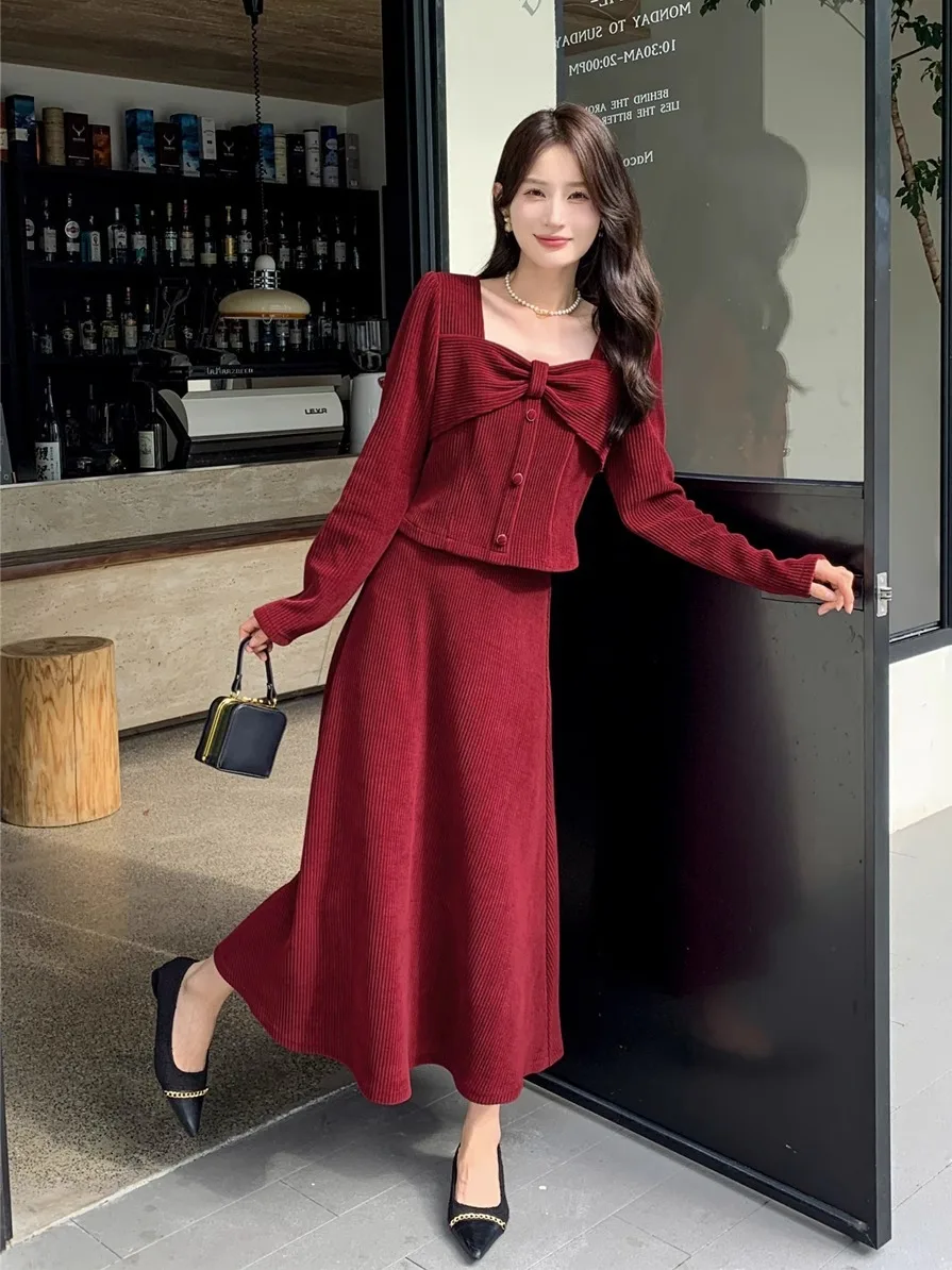 

Dress Sets Two Pieces Pullover Square Collar Bow Long Sleeve Tops Solid Ankle Length Skirts Loose Fit Basics Spliced Autumn