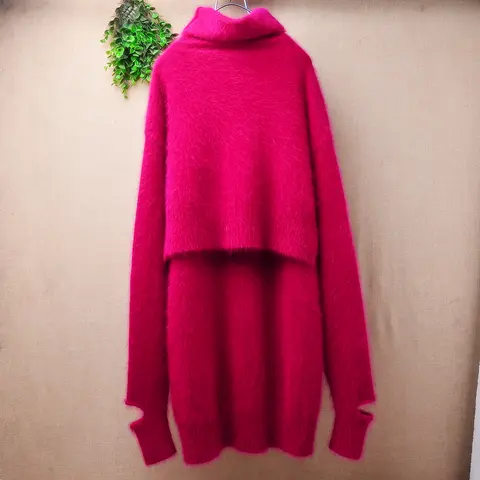 Ladies Women Autumn Winter Clothing Hairy Angora Rabbit Hair Knitted Turtleneck Long Sleeves Loose Pullover Sweater Jumper Pull
