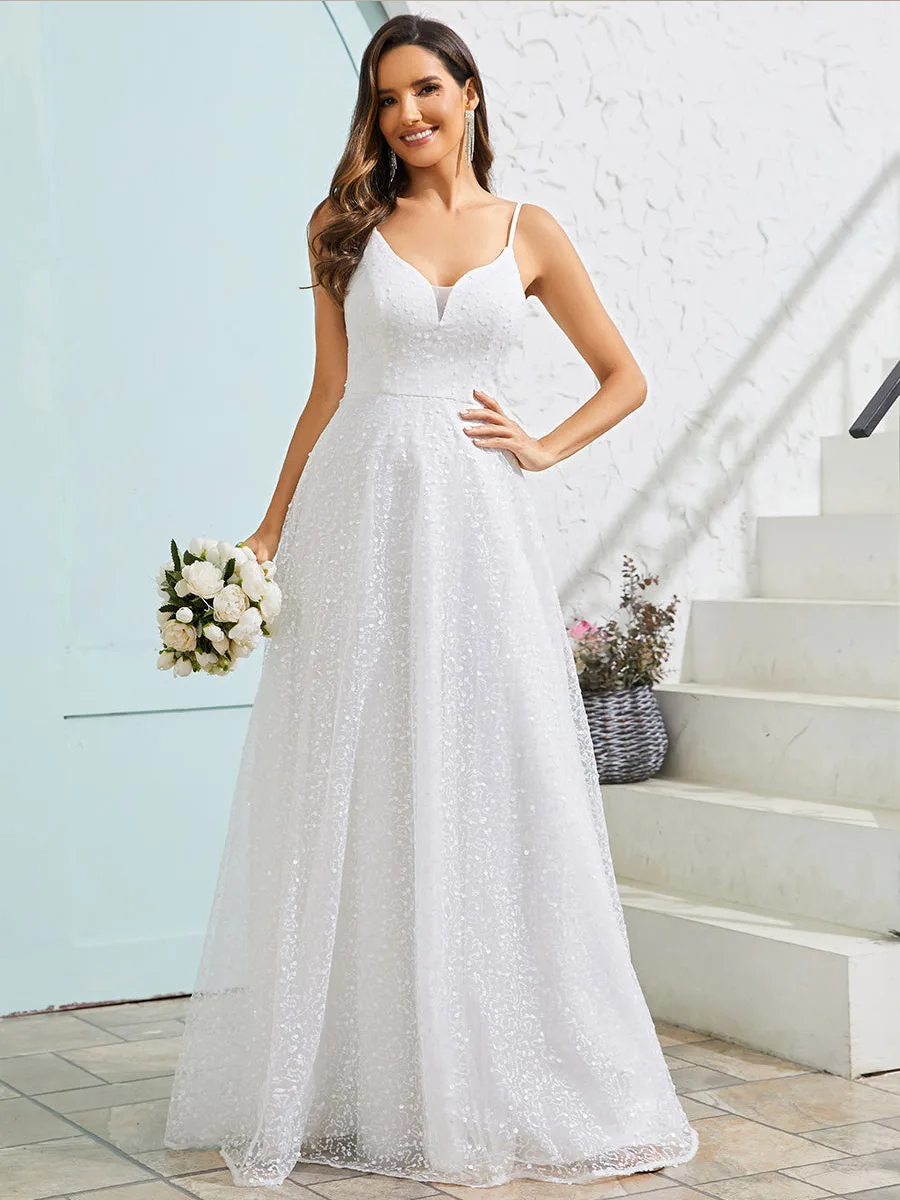 

Elegant Wedding Dresses Shimmer Deep V Neck Sleeveless Floor-Length 2024 Ever pretty of Sequin White Prom Women Formal Dresses