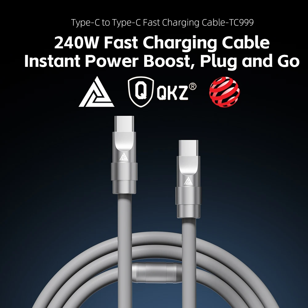 كابل شحن سريع QKZ Type C 240 واط وشحن سريع للغاية PD 240 واط وشحن فائق السرعة QKZ TC999 كابل شحن لأجهزة Samsung Huawei iPhone 17 16 15Pro Tablet iPad كابل شحن USB C متوافق تمامًا مع نقل البيانات