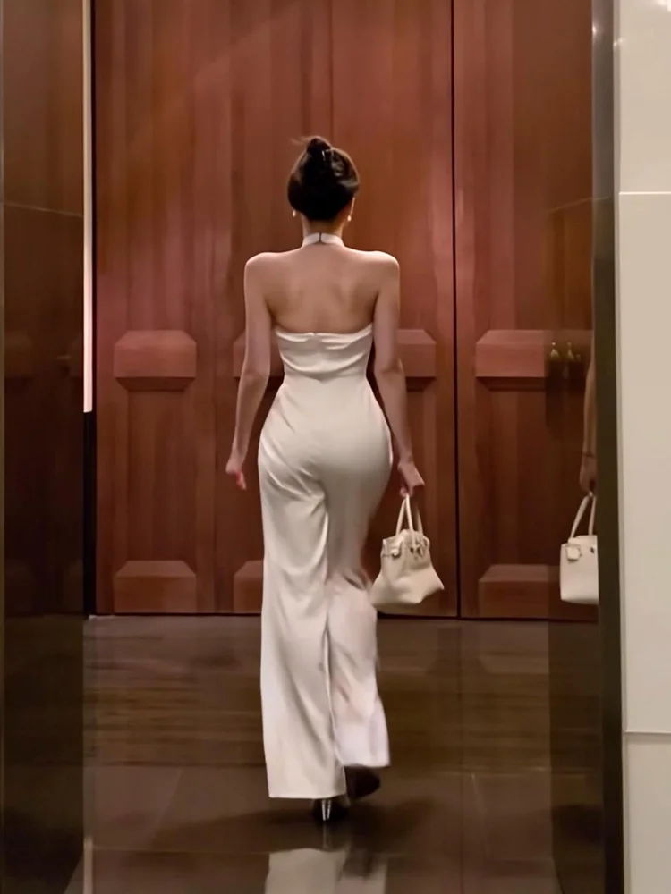 

Белые сексуальные брюки с открытыми плечами для женщин, весна-осень, новый дизайн, с завязками на шее, с высокой талией, широкие, длинные брюки