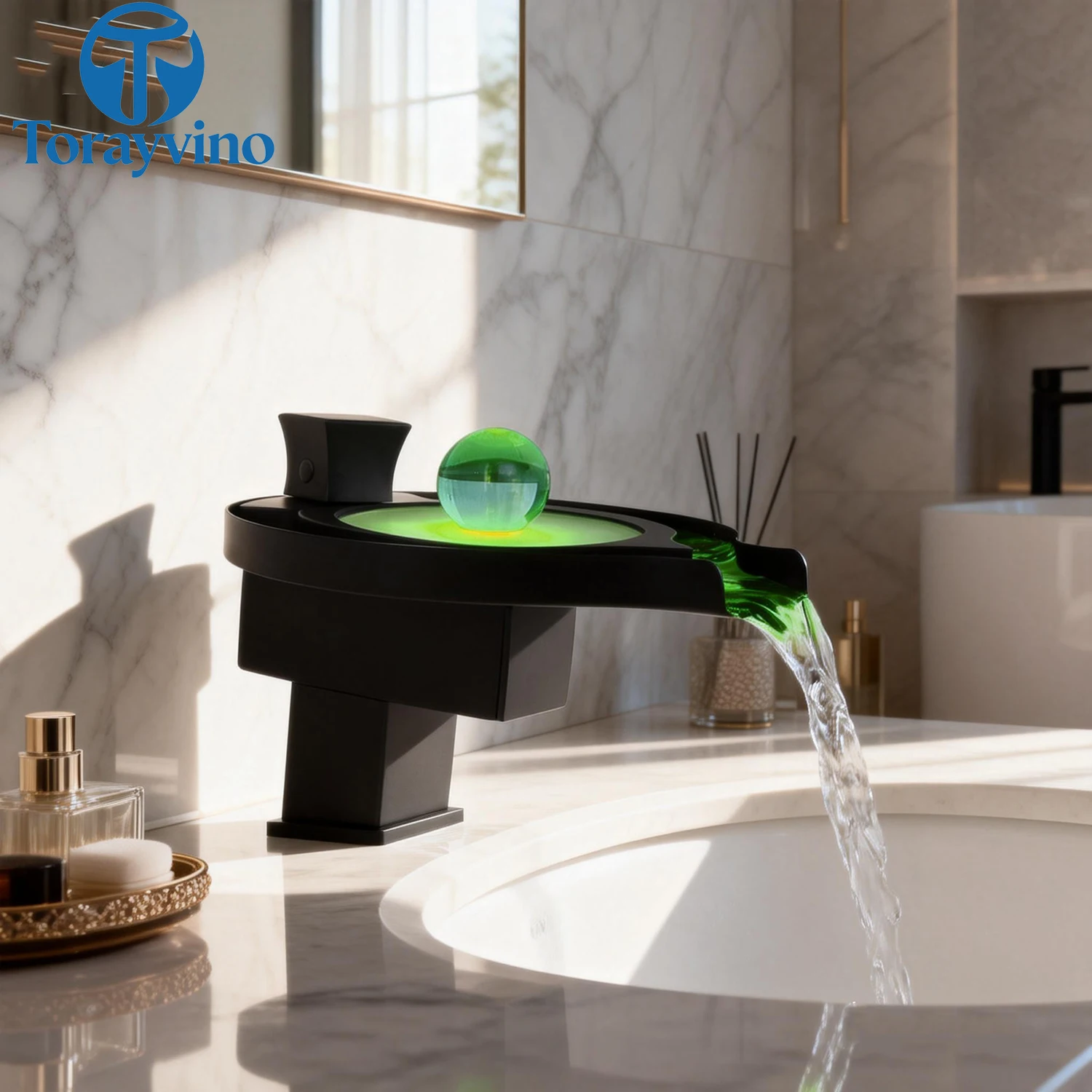 Torayvino Luxury LED bathroom faucet Waterfall faucet Spout Chrome Basin taps Contemporary Square Sink Deck Mounted Mixer Tap