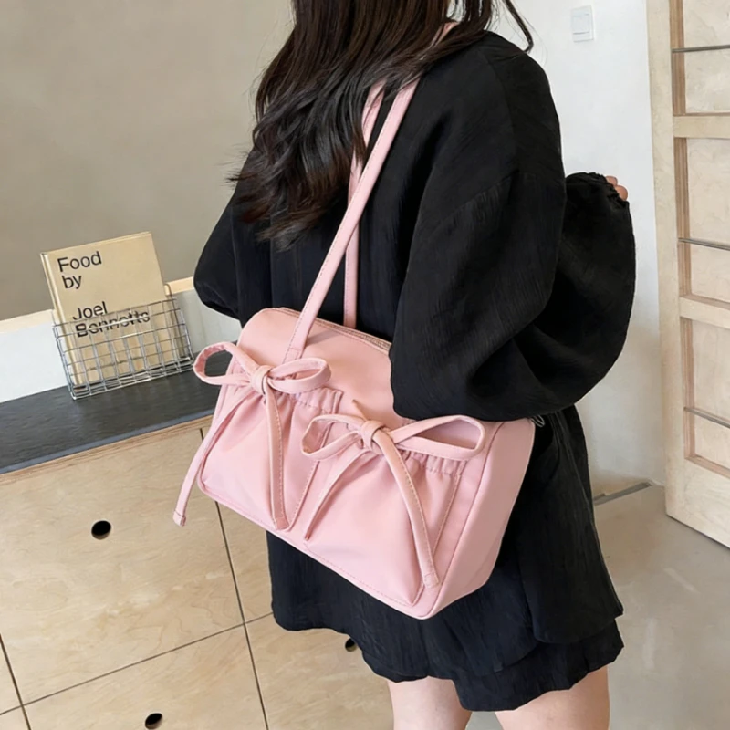 

Double Strap Women's Armpit Bag Autumn Winter New Solid Color Bow Large Capacity Versatile Commuter Bag Fashion Shoulder Handbag
