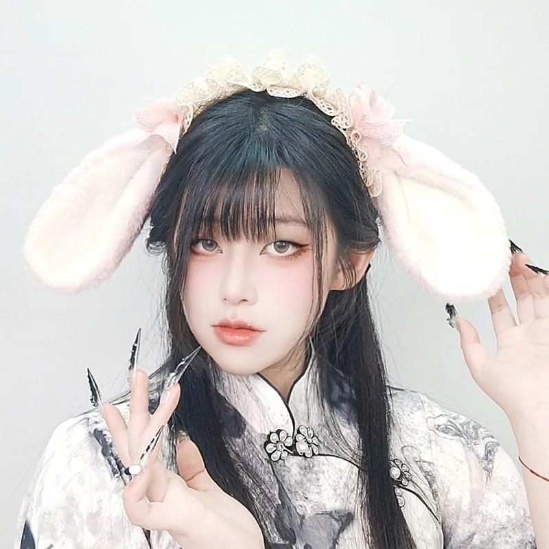 Lolita Alice กระต่ายหูคอสเพลย์สีขาวกระต่ายฮาโลวีนเครื่องแต่งกาย Props Kawaii สัตว์หู Headpiece แฟนซีชุด
