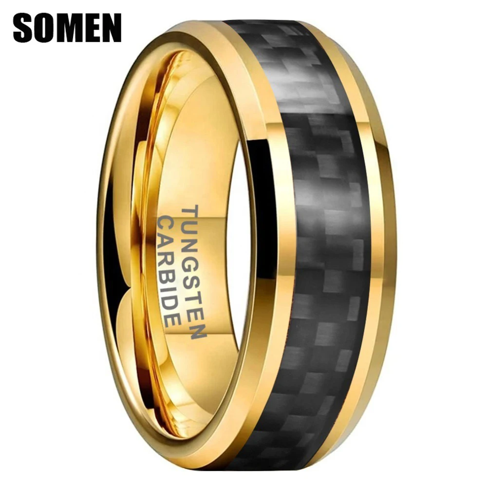 Somen 8mm Golden Tungsten Carbide Ring For Men Women Black Carbon Fiber Inlay Beveled Edge Wedding Band Engagement Jewelry Bague