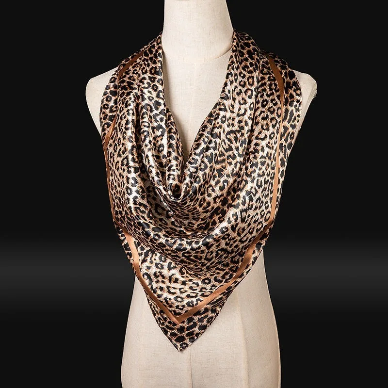 90cm Leopard Print Satin-Finish Scarf - Lightweight Simulated Silk Square for Women Spring Summer Versatile Chic
