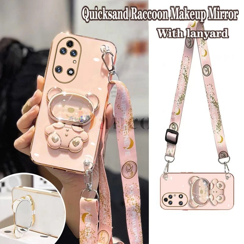 Quicksand Raccoon Makeup Mirror Lanyard Plating Phone Holder Case For Huawei P50 P50 Pro P40 P30 P40Lite P20 10 Mate 50 40 Cover