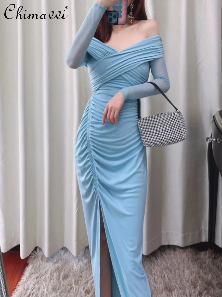 

Fashion Stretch High Waist Sheath Sexy Dress 2022 Summer Off-Shoulder Sun Protection See-through Sleeve Blue Elegant Slit Dress