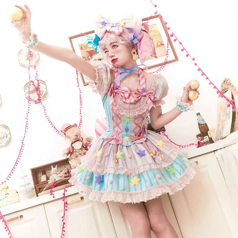 Japanese Style Lolita Dress Sweet Girls Cosplay Kawaii Lolita Cute Striped Mesh Candy Star Fur Ball Ribbon Bow Ruffle Dress Gift