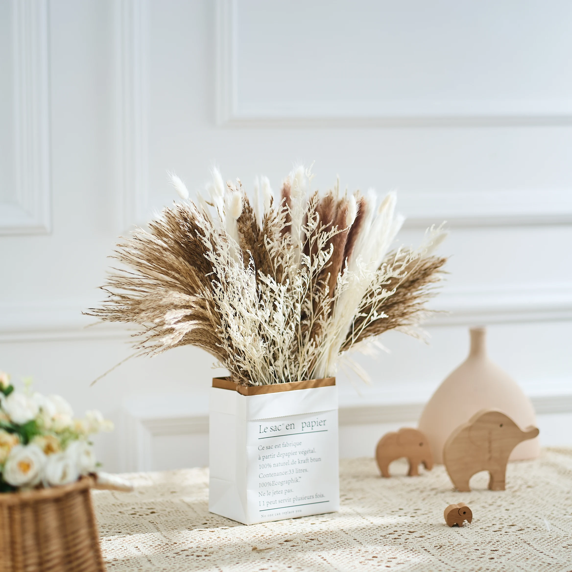 

80PCS Natural Fluffy Pampas Grass Reed Rabbit tail Grass Dried Flower Bouquet Suitable Christmas Home Vase Wedding Decoracion