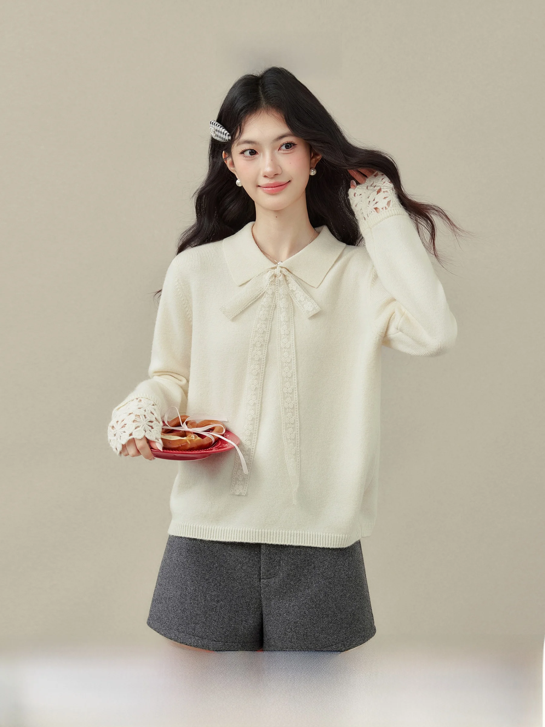 

Ouyang Xi Early Spring Knitted Sweater Inner Wear ort Coat Ne Design Long Sve Women's Top in Apricot Color