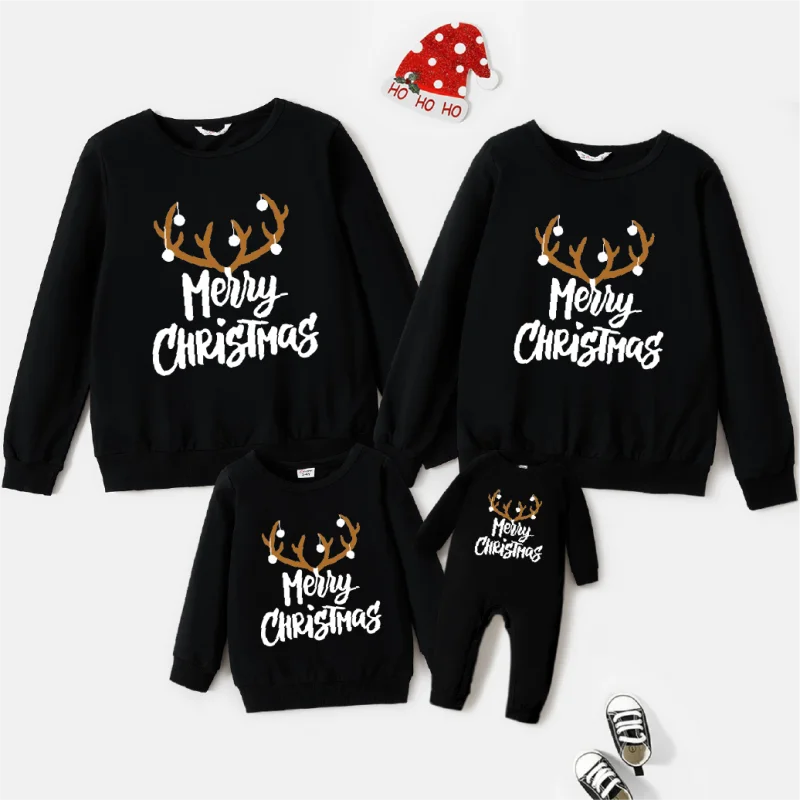 PatPat Family matching Merry Christmas 100% Cotton Family Sweatshirts Matching Antlers Letter Print