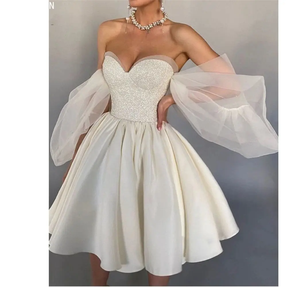 Vestido De Noiva brokat krótka linia suknie ślubne Sweetheart Puff krótkie rękawy tiul nowoczesne suknie wesele