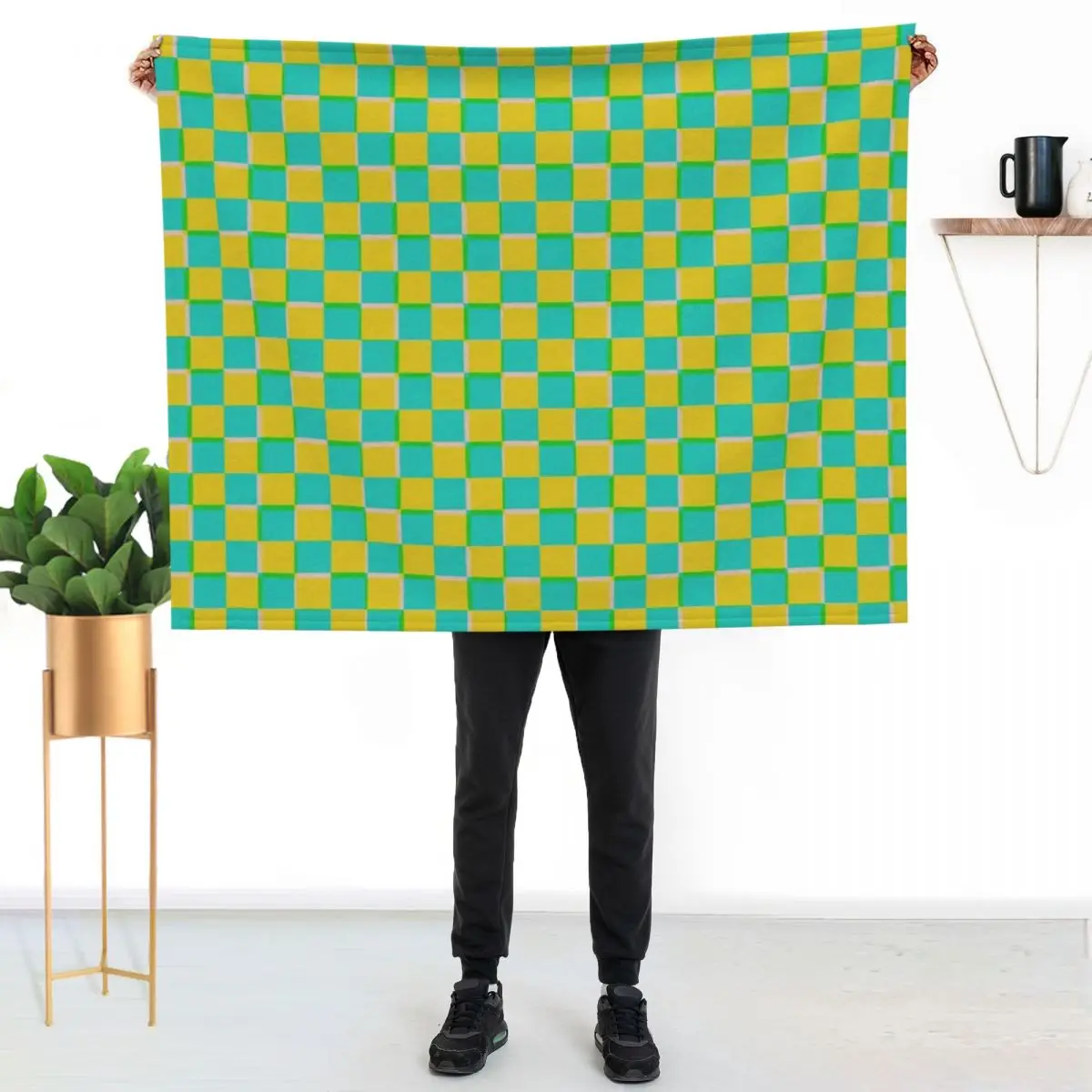 

Turquoise and Yellow Checkerboard Pattern Throw Blanket Cozy Microfiber Throw Blanket for Home Bedroom
