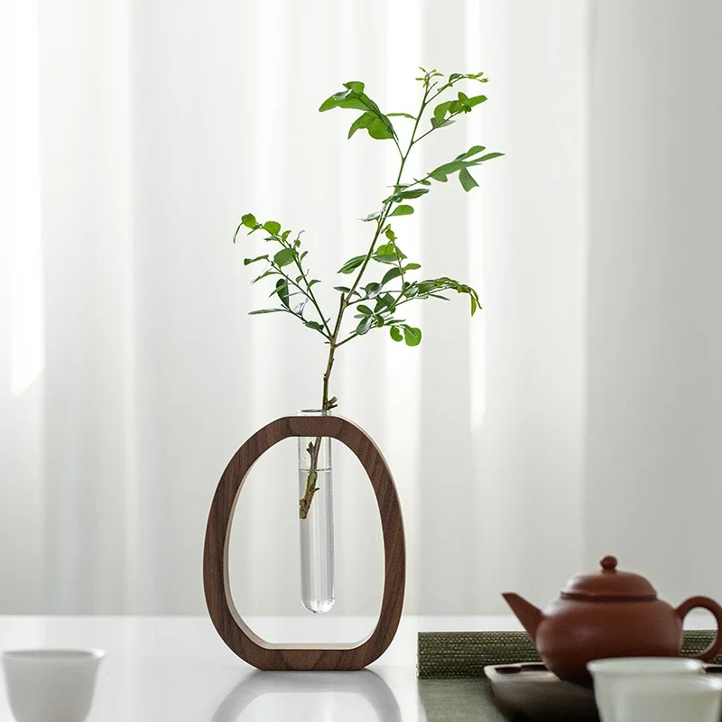 Walnut solid wood flower ware arrangement decoration Simple glass plant stand mini water-cultured vase