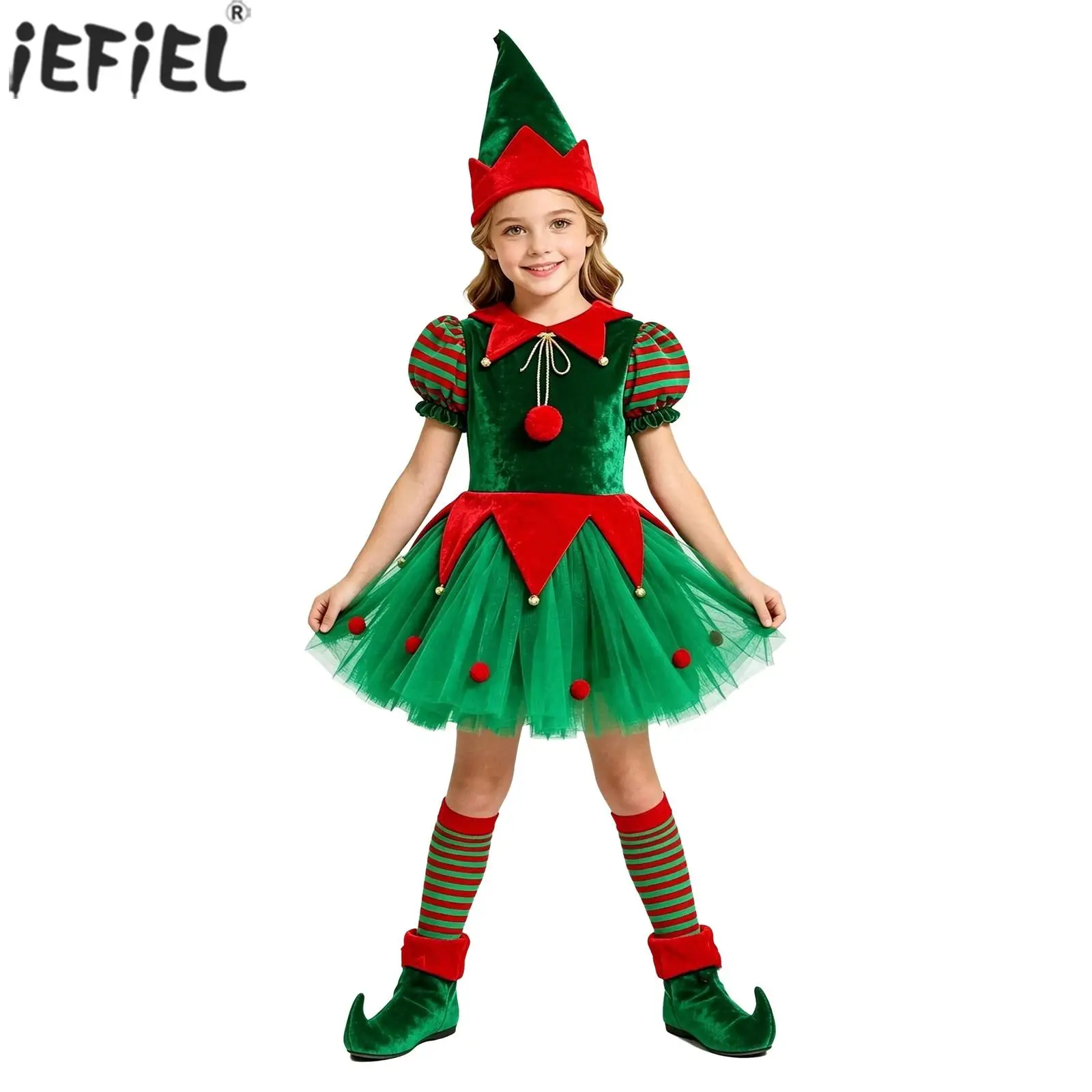 Kids Girls Christmas Elf Costume Short Puff Sleeves Velvet Bodice Tulle Dress with Hat Socks Shoe Covers for Stage Performance