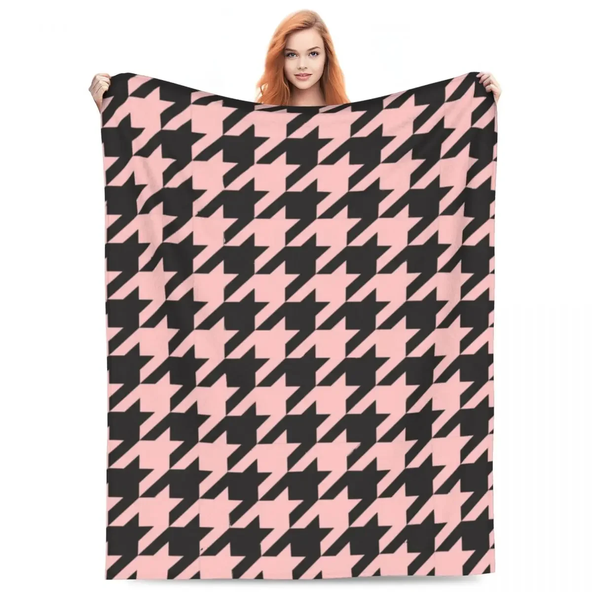 Pink Houndstooth Pattern Soft Durable Blankets Geometric Travel Office Throw Blanket Winter Flannel Bedspread Sofa Bed Cover