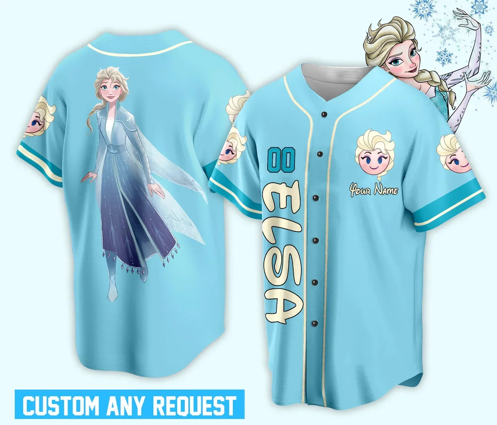 

Disney Elsa Princess Customized Name Baseball Jersey Outdoor Sports Style Casual Jersey Men's and Women's Personalized T-shirt