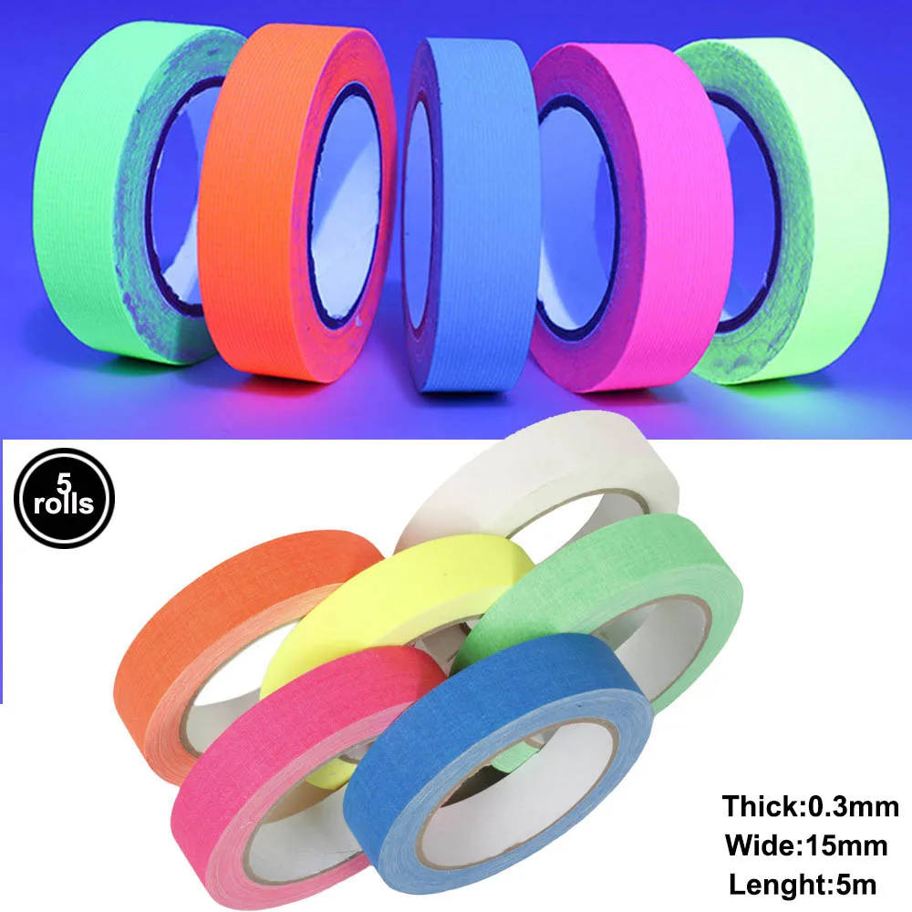 5 Rolls Glow Party Neon Tape Fluorescent Cloth Tape Black Light Tape Gaffer Tape Rainbow Colored Duct Tape Glow In The UV