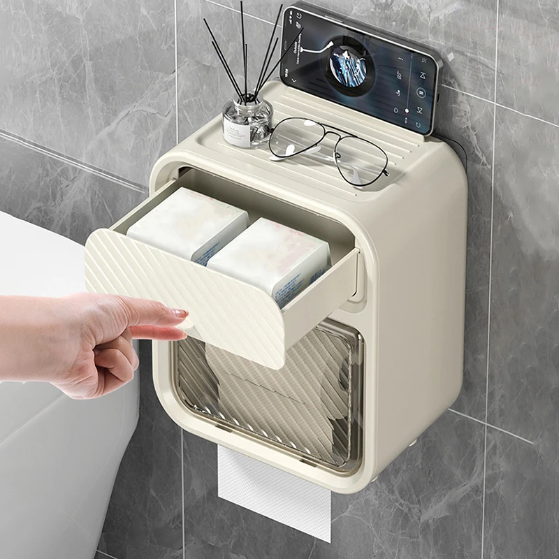 Punch-free Toilet Paper Holder Box Waterproof Tissue Storage Box Bathroom Rack Wall Mounted Kitchen Bathroom Storage Holder