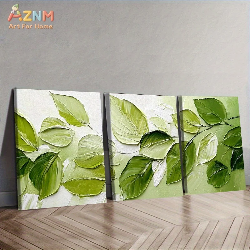 AZNM 3D Textured Green Leaf Impasto Canvas Wall Art, Modern Minimalist Botanical Oil Painting Print Poster, Unframed Single Piec view 3