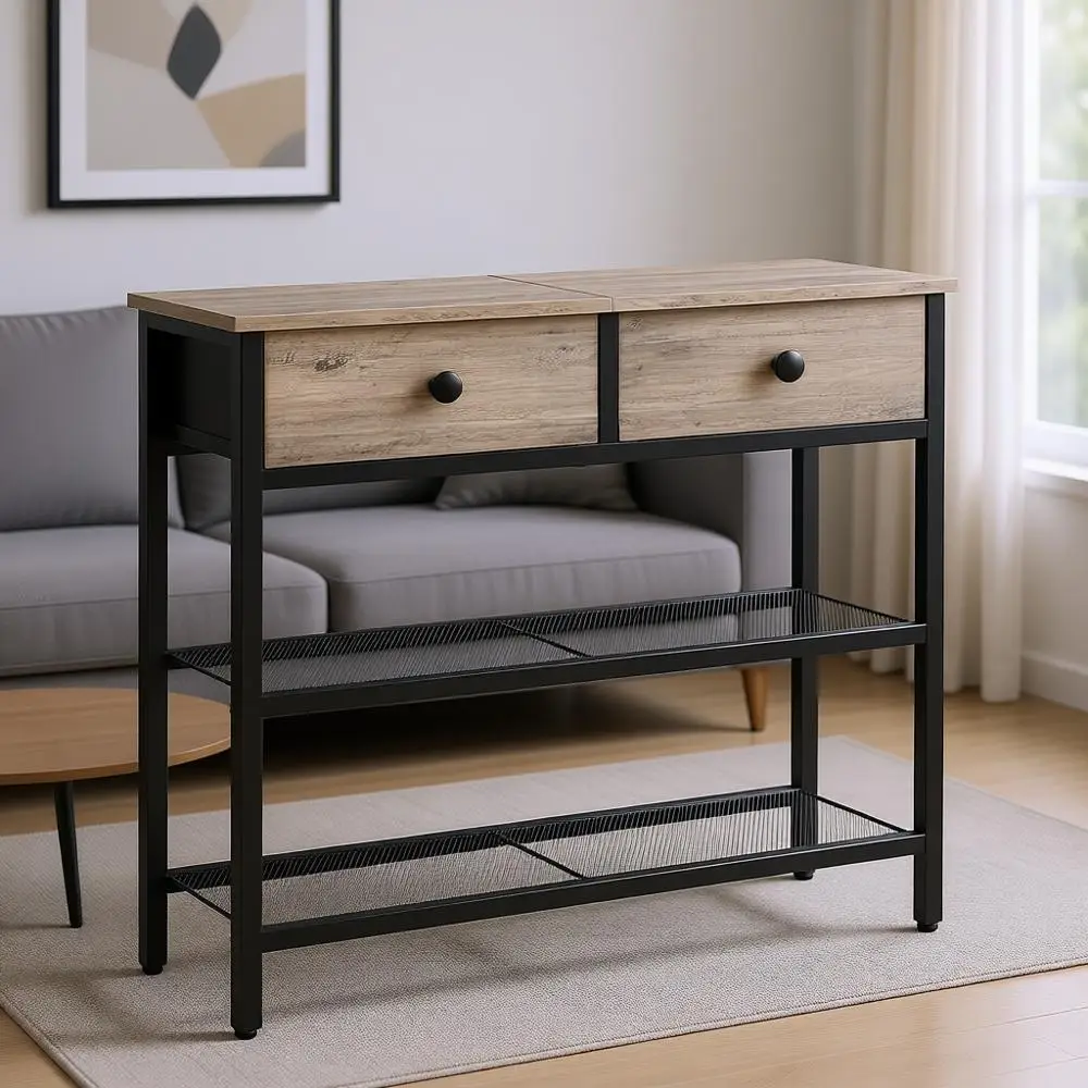 

29.5 Slim Line Table with Fabric Drawers, 3-Tier Entryway Storage, Versatile Sofa Side Table, Suitable for Living Room, Hallway,