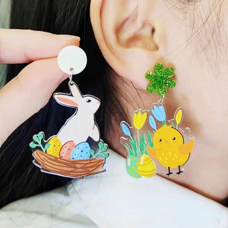 Easter Egg Flower Basket Rabbit Earrings Letter Tie Carrot Basket Flower Bush Chicken Print Pendant Easter Earrings Jewelry Gift