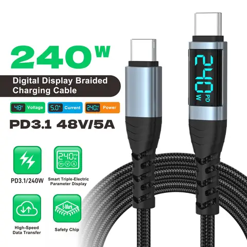 Câble USB C vers USB C 240W avec affichage LED, cordon de Type C tressé en Nylon, fil de charge rapide PD pour iPhone 17/16, Samsung Galaxy S22