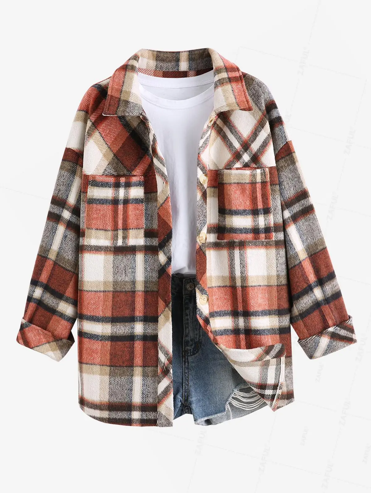 ZAFUL Women's Plaid Wool Blend Pocket Drop Shoulder Button Up Turn Down Collar Shacket