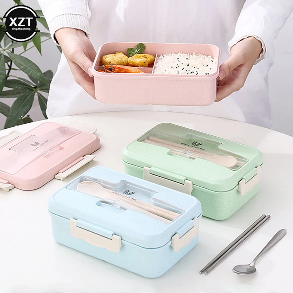 3Grid Microwave Lunch Box Wheat Straw Dinnerware Food Storage Container Children Kids School Office Bento Box Portable Lunch Bag