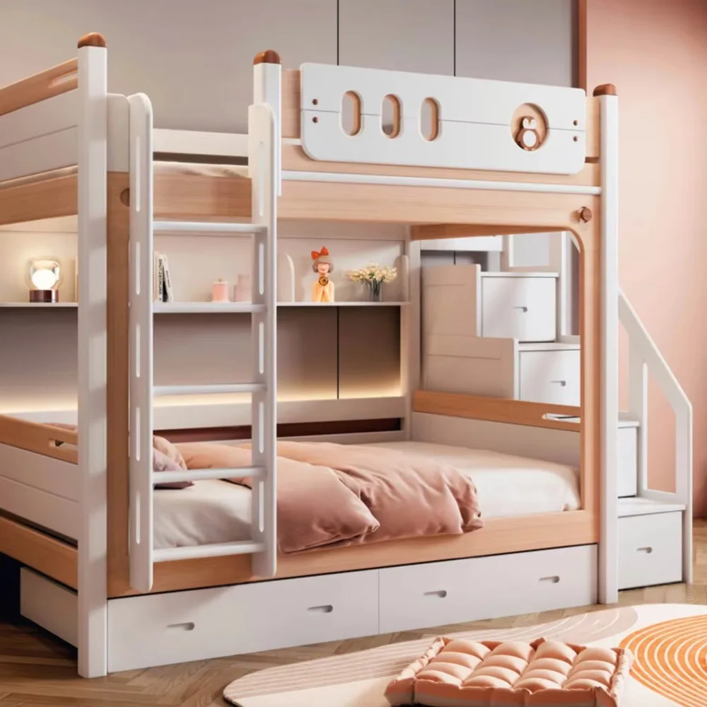 White Eco‑Friendly Rubber Wood Children Bunk Bed Nordic Design Solid Wood Storage Bed Frame For Kids Room