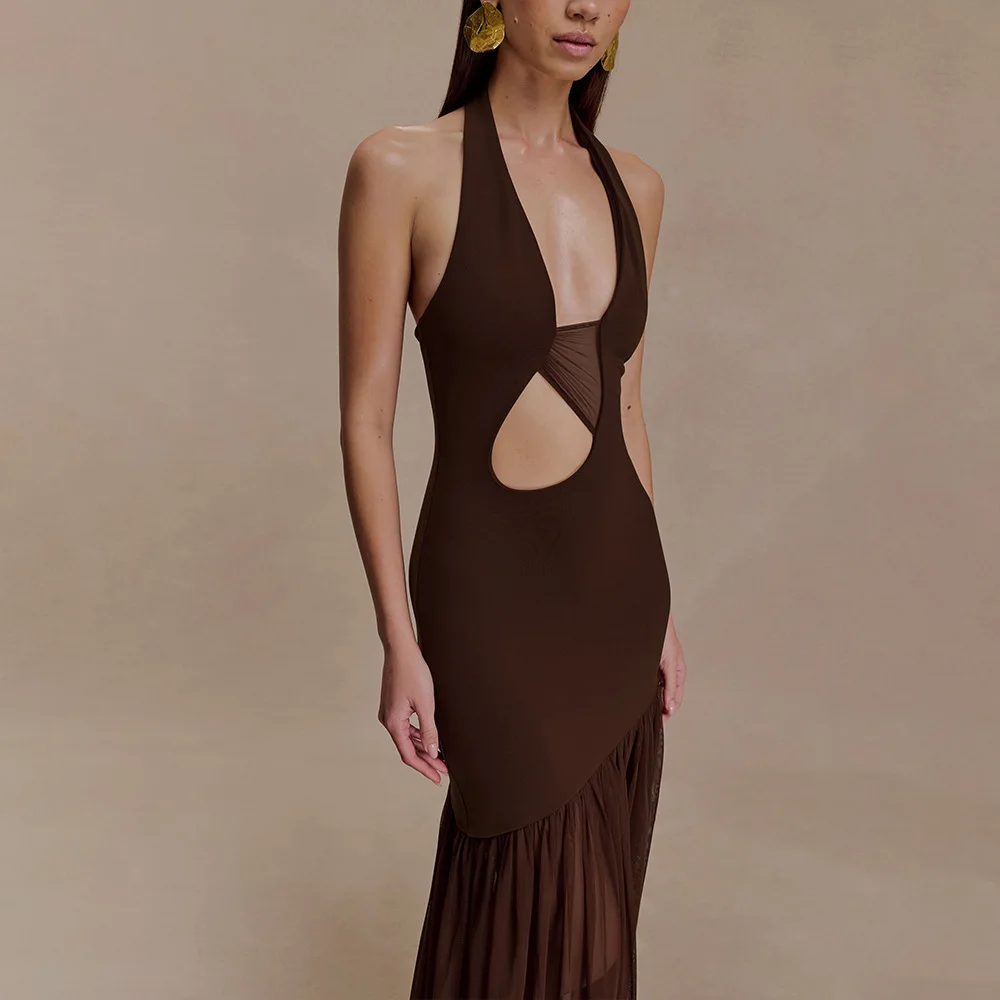 Absobe Sexy Halter Deep V Neck Cut Out Mesh Long Dress Women Elegant Backless Ruched Bodycon Gown Evening Party Wedding Outfit