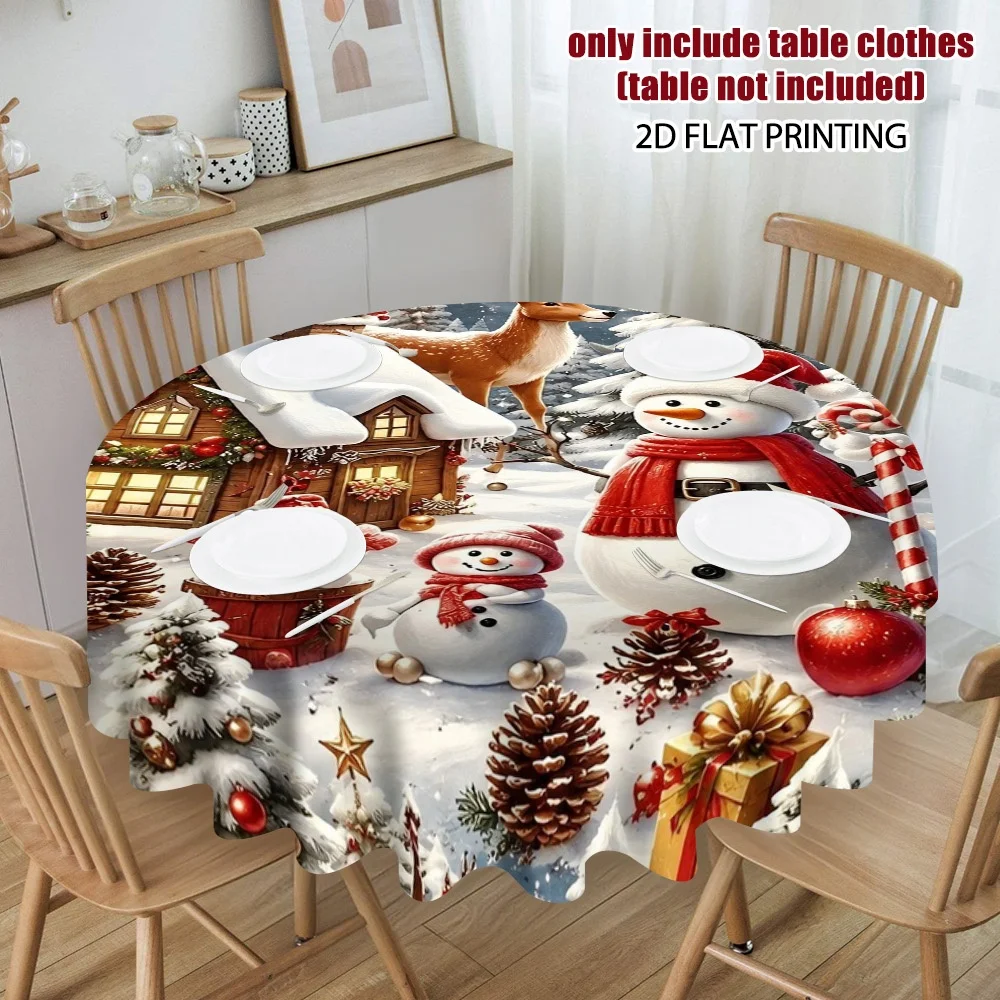 2D flat print, 1-piece Christmas snow fantasy world scene round tablecloth design