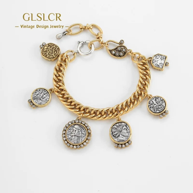 

Винтажный портретный браслет с старинными монетами для женщин, цепочка золотого цвета, ретро медные аксессуары, роскошные ювелирные изделия со стразами