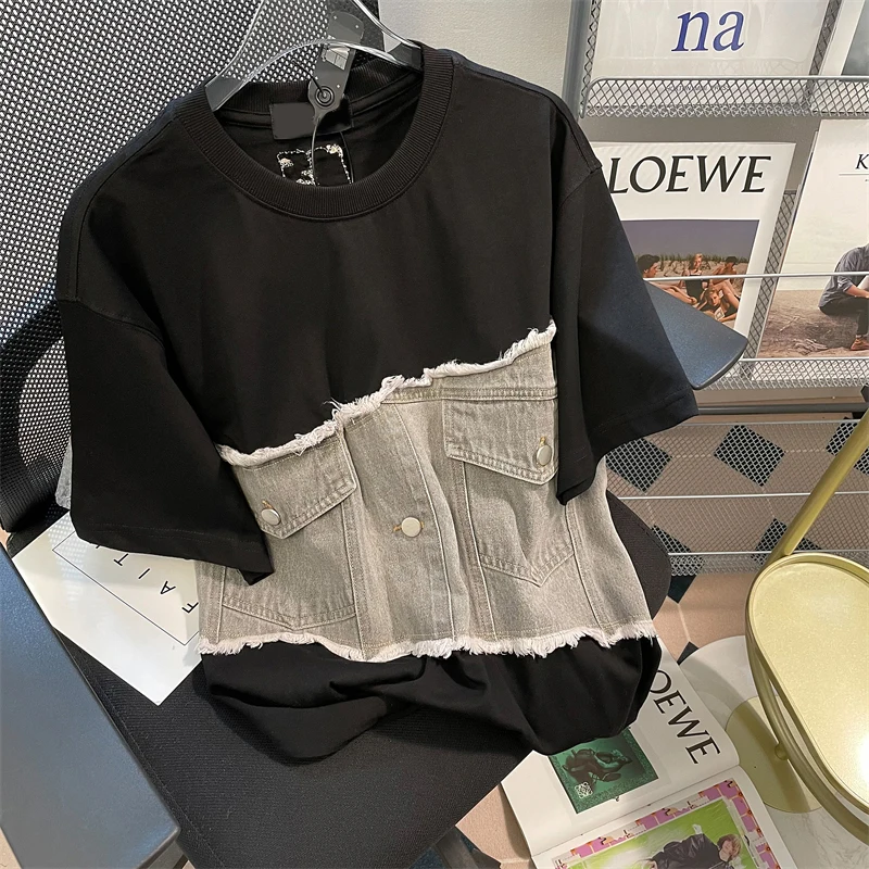 cowboy Patchwork T-Shirt Women Korean 2022 Summer New Arrival Personality Fashion Loose O-neck Short Sleeve T-Shirt